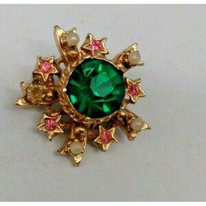 Vintage Coro Star Brooch Green & Pink Rhinestone Pearl seed bead 1 1/4"